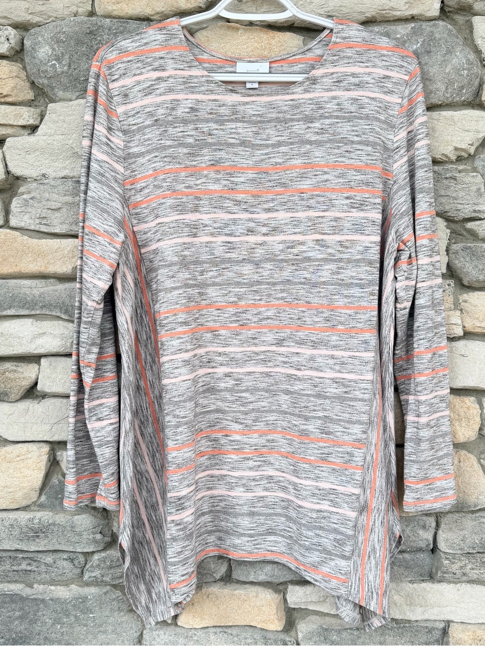 J.Jill Pure Jill Striped Sharkbite Tunic Top XL Asymmetric Gray Coral Knit